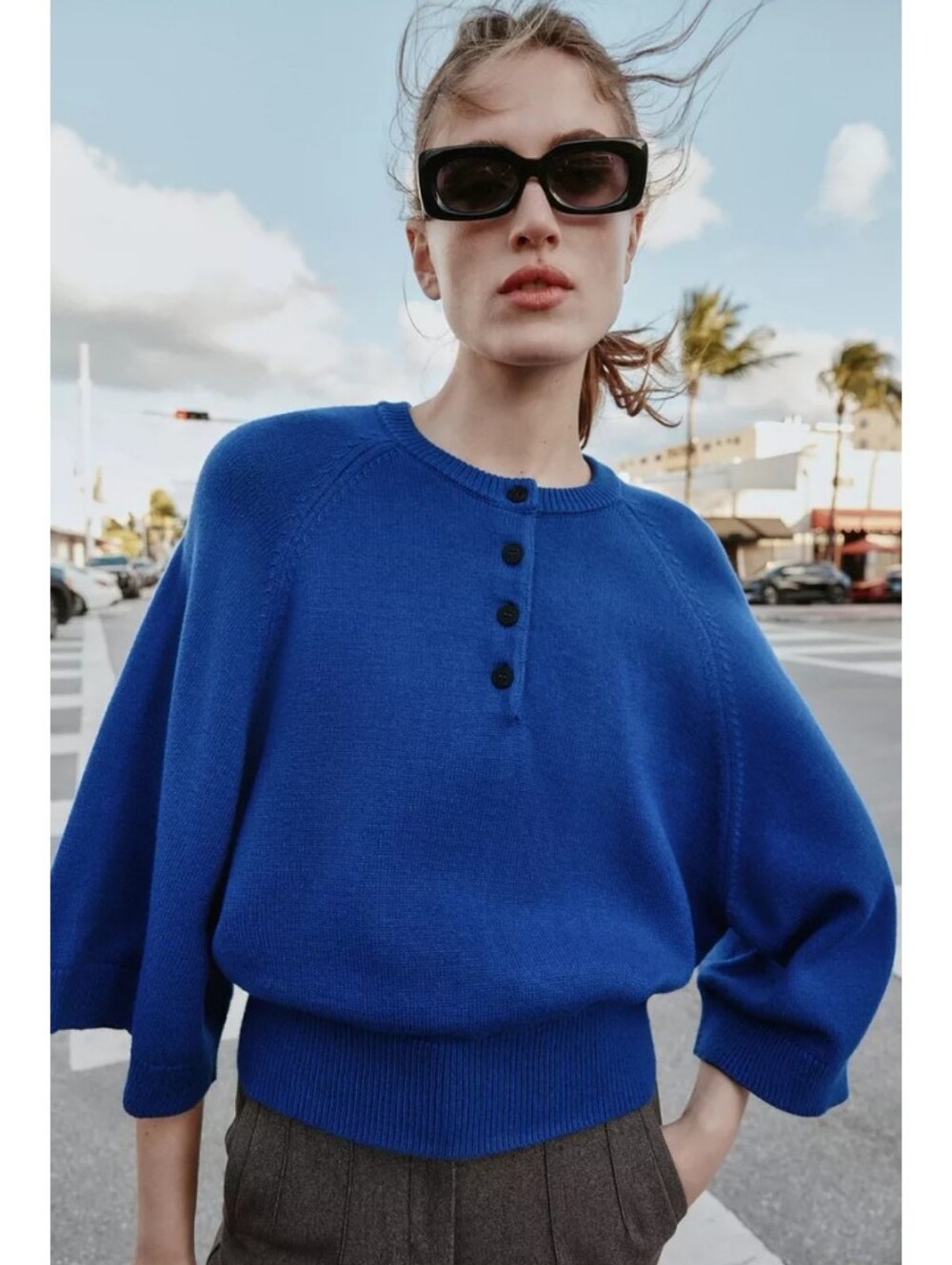 Zara Blue Button-Front Wide Sleeve Knit Sweater Top